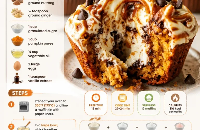 Pumpkin Chocolate Chip Muffins with a creamy cheesecake center on a plate