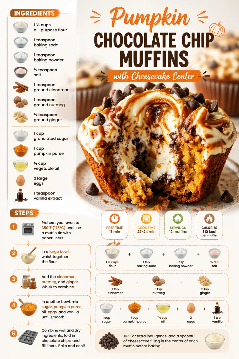 Pumpkin Chocolate Chip Muffins with a creamy cheesecake center on a plate