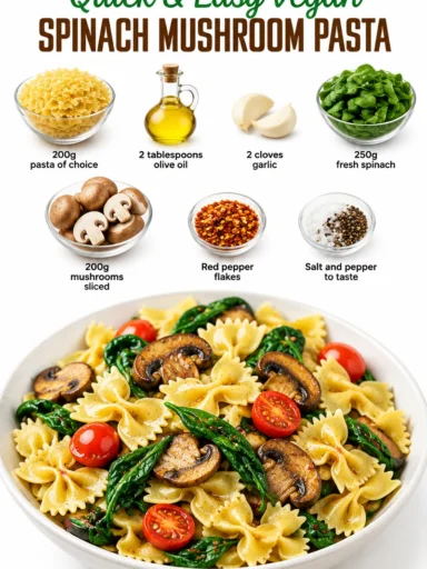 Quick and easy vegan spinach mushroom pasta dish garnished with herbs