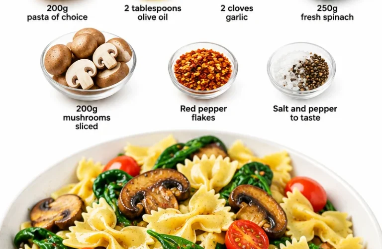 Quick and easy vegan spinach mushroom pasta dish garnished with herbs