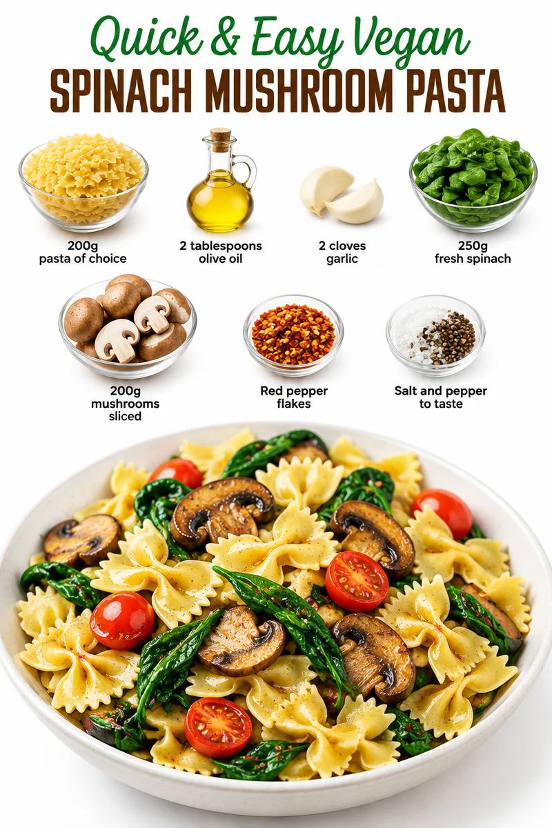 Quick and easy vegan spinach mushroom pasta dish garnished with herbs