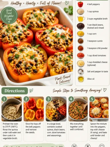Colorful quinoa stuffed peppers filled with vegetables and spices