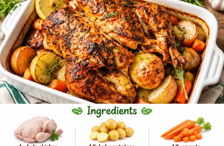Deliciously roasted chicken served with herbs and vegetables on a plate
