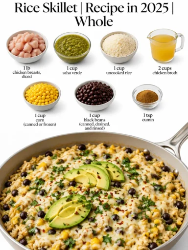 Salsa Verde Chicken & Rice Skillet with fresh ingredients and vibrant colors
