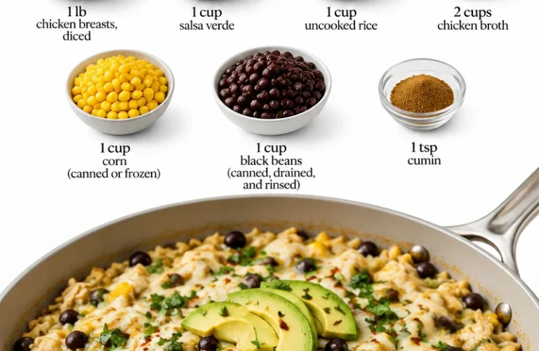 Salsa Verde Chicken & Rice Skillet with fresh ingredients and vibrant colors