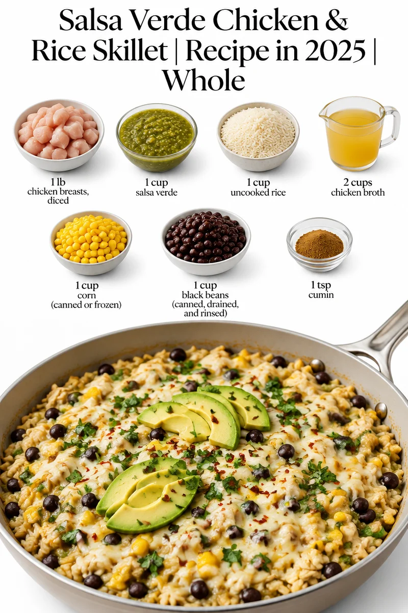 Salsa Verde Chicken & Rice Skillet with fresh ingredients and vibrant colors