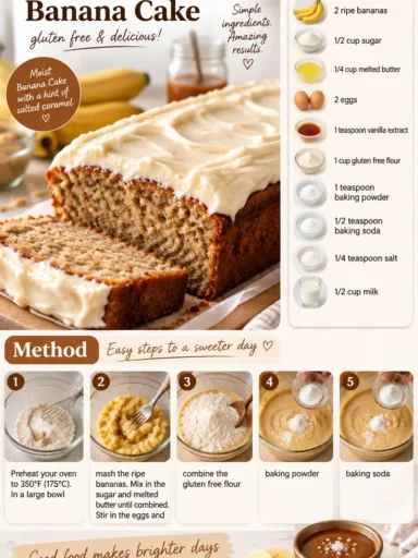 Gluten-free salted caramel banana cake topped with drizzled caramel sauce
