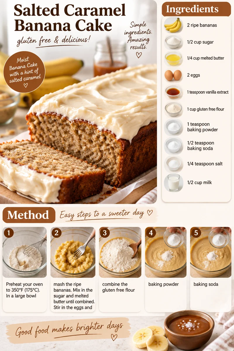 Gluten-free salted caramel banana cake topped with drizzled caramel sauce
