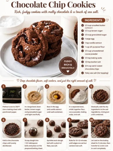 Salted double chocolate chip cookies with rich chocolate flavor and flaky salt