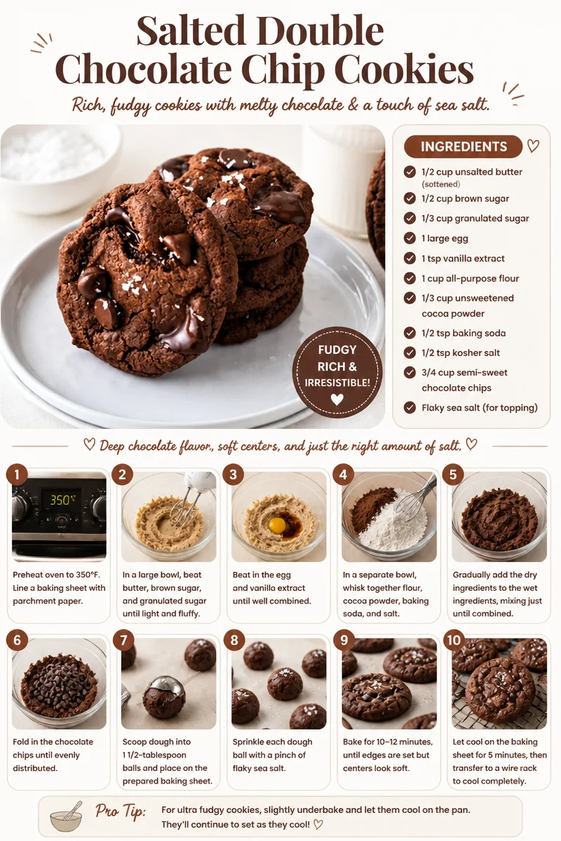 Salted double chocolate chip cookies with rich chocolate flavor and flaky salt