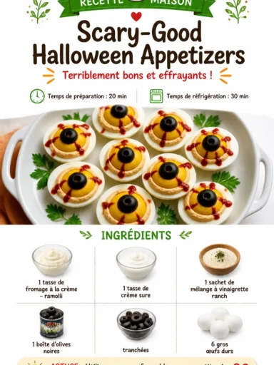 A platter of spooky Halloween appetizers featuring creepy and festive designs.