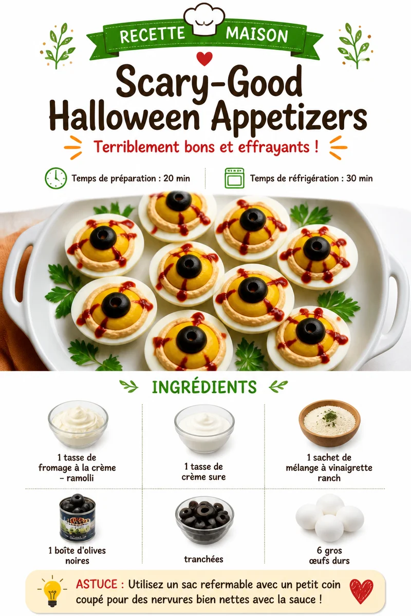 A platter of spooky Halloween appetizers featuring creepy and festive designs.