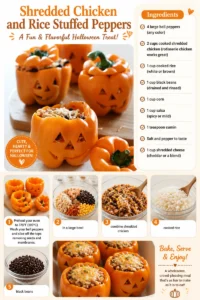 Shredded chicken and rice stuffed peppers on a plate