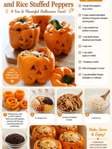 Shredded chicken and rice stuffed peppers on a plate