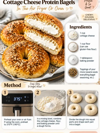 Simple 3 ingredient cottage cheese protein bagels baked in air fryer or oven.