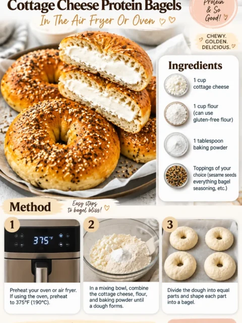 Simple 3 ingredient cottage cheese protein bagels baked in air fryer or oven.