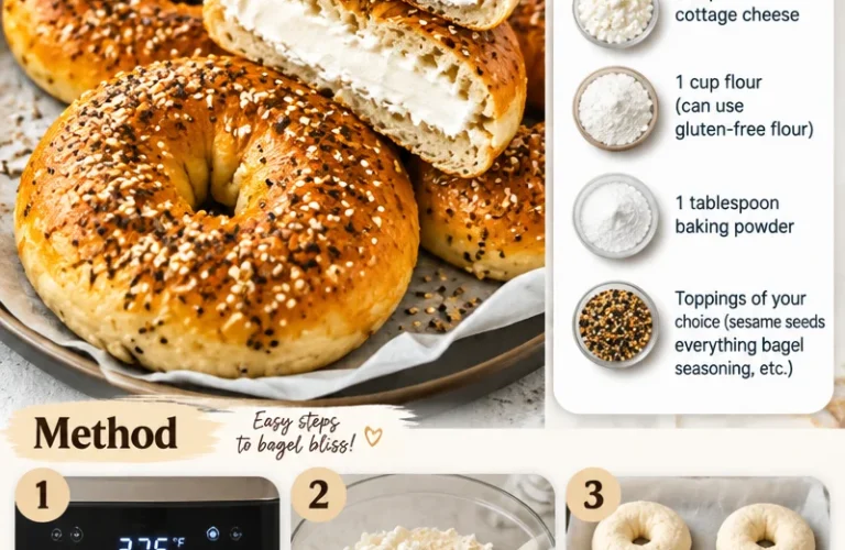 Simple 3 ingredient cottage cheese protein bagels baked in air fryer or oven.