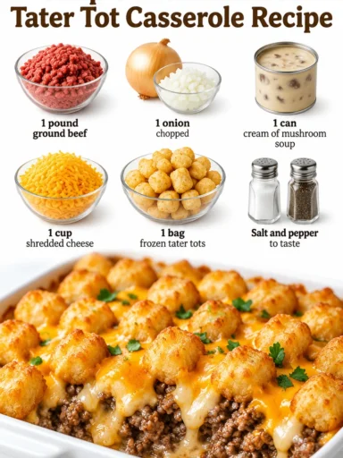 A plate of simple and delicious homemade tater tot casserole topped with melted cheese.
