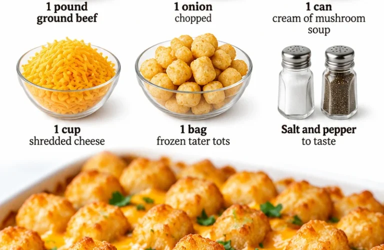 A plate of simple and delicious homemade tater tot casserole topped with melted cheese.