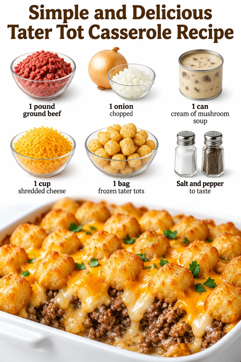 A plate of simple and delicious homemade tater tot casserole topped with melted cheese.