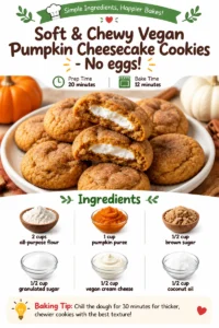 Delicious soft and chewy vegan pumpkin cheesecake cookies, egg-free dessert.