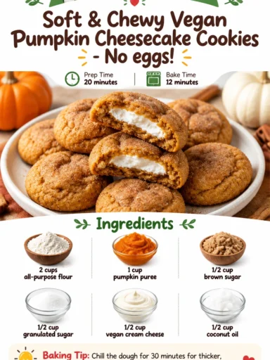 Delicious soft and chewy vegan pumpkin cheesecake cookies, egg-free dessert.