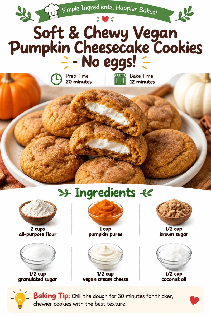 Delicious soft and chewy vegan pumpkin cheesecake cookies, egg-free dessert.