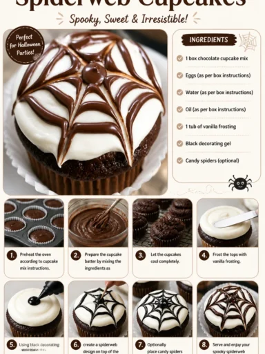 Delicious Spiderweb Cupcakes decorated with spooky icing for Halloween treats