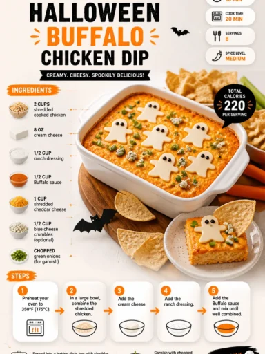 Halloween-themed Buffalo Chicken Dip served in spooky presentation