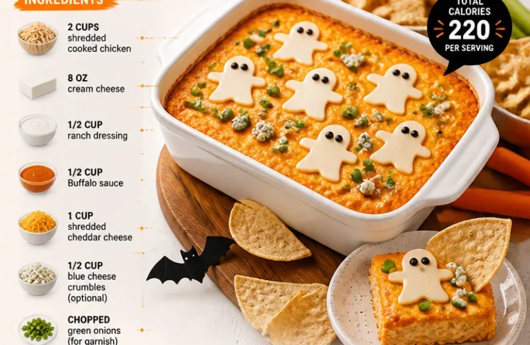 Halloween-themed Buffalo Chicken Dip served in spooky presentation