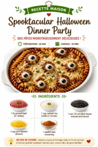 Spooktacular Halloween dinner party table setting with decorations and themed dishes.