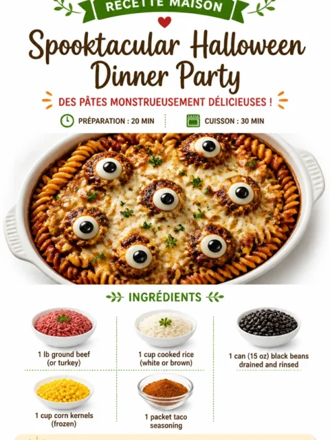 Spooktacular Halloween dinner party table setting with decorations and themed dishes.