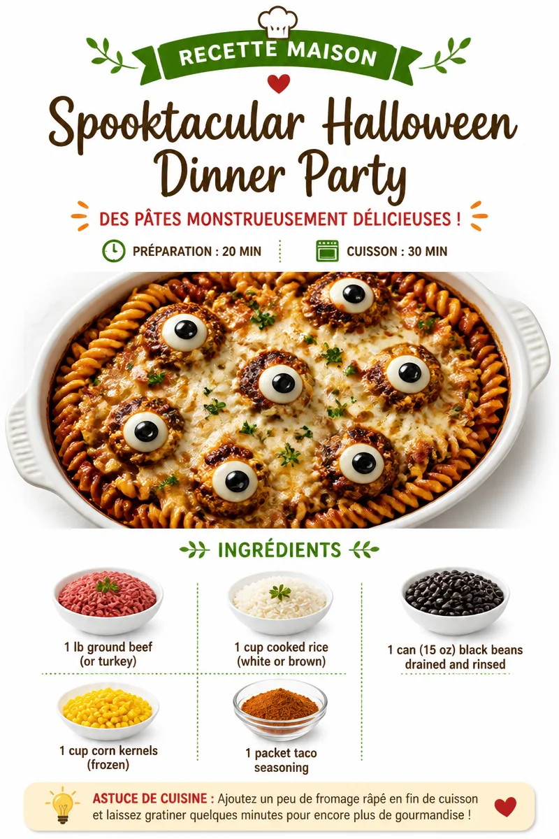 Spooktacular Halloween dinner party table setting with decorations and themed dishes.