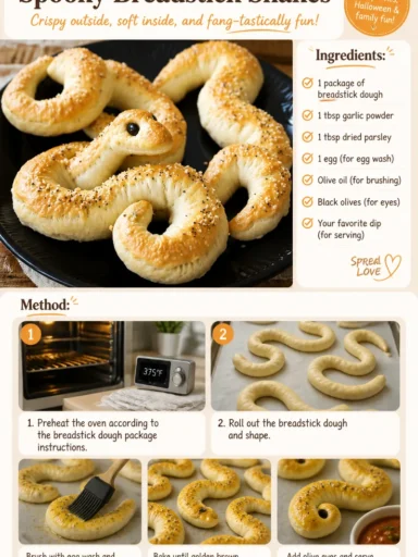 Plate of spooky breadstick snakes for Halloween party snacks