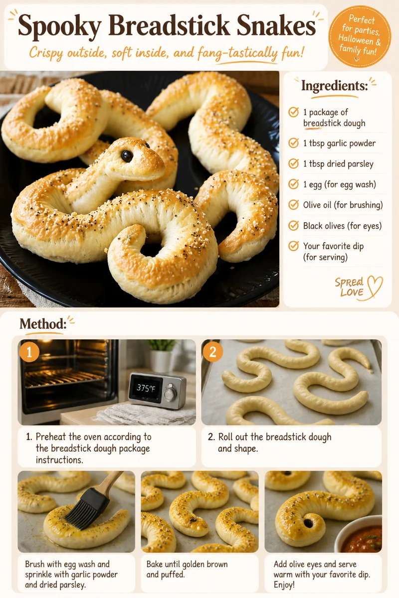 Plate of spooky breadstick snakes for Halloween party snacks