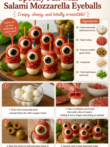 Salami mozzarella eyeballs served as a spooky Halloween snack