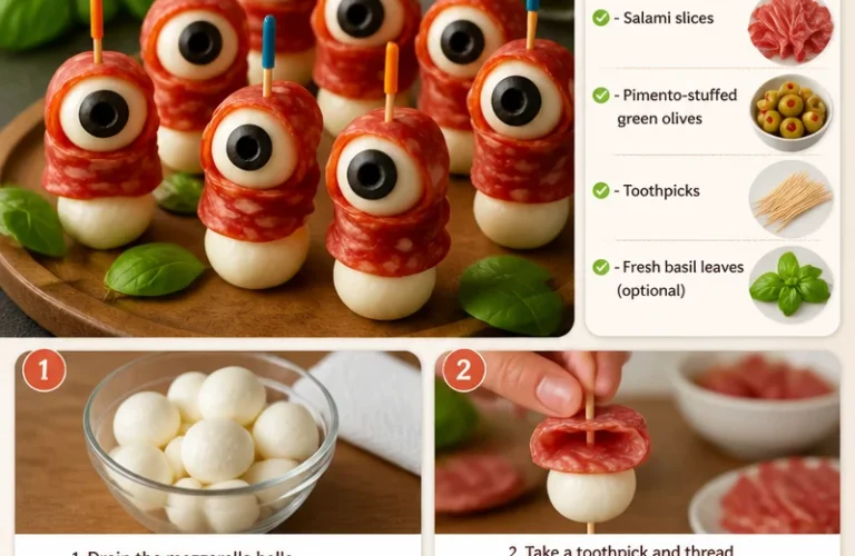 Salami mozzarella eyeballs served as a spooky Halloween snack