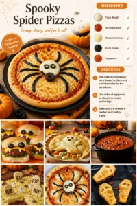 Spooky spider pizzas decorated with olive and pepperoni spiders