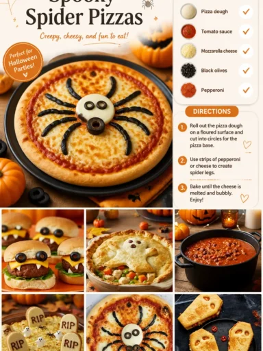 Spooky spider pizzas decorated with olive and pepperoni spiders