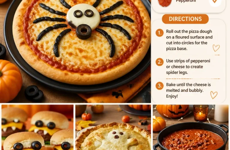 Spooky spider pizzas decorated with olive and pepperoni spiders