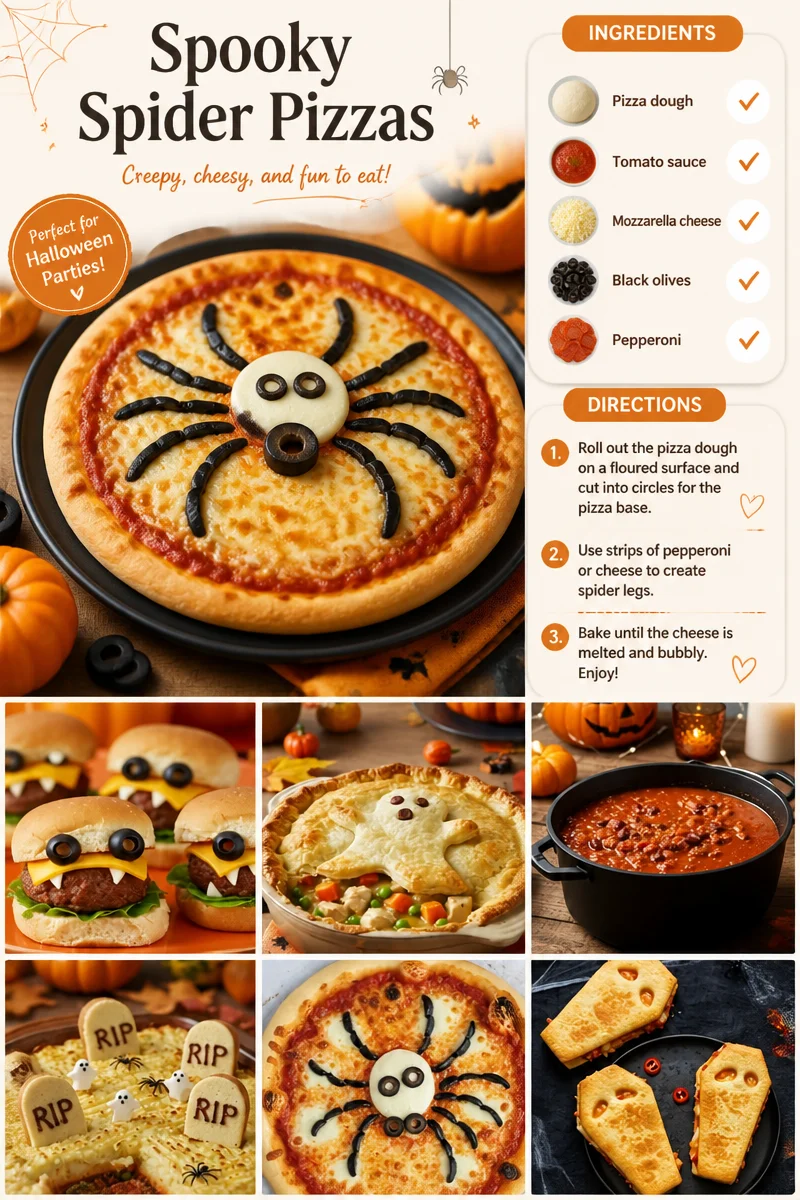 Spooky spider pizzas decorated with olive and pepperoni spiders