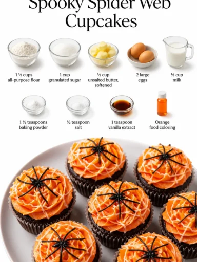 Decorated spooky spider web cupcakes perfect for Halloween treats.