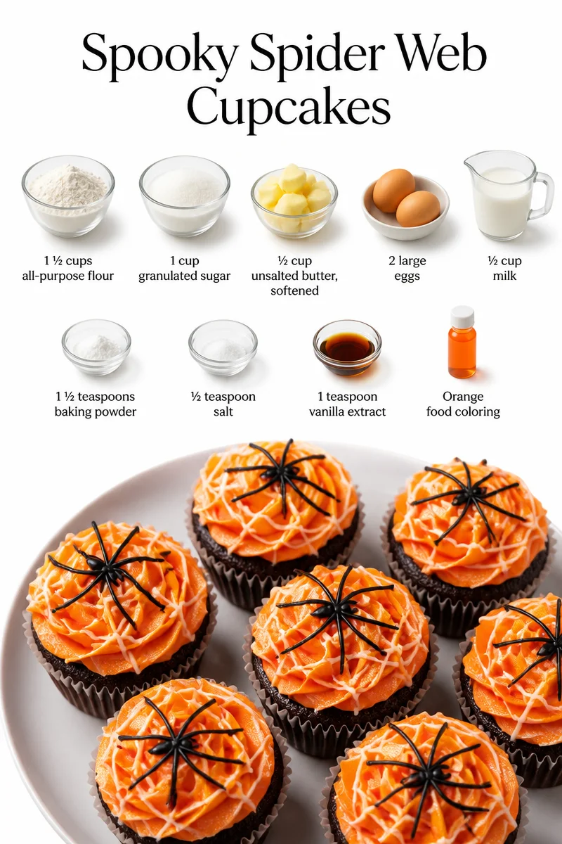 Decorated spooky spider web cupcakes perfect for Halloween treats.