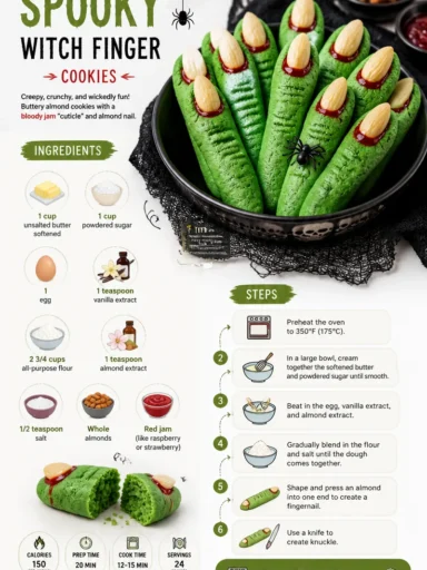 Spooky witch finger cookies shaped like creepy fingers for Halloween treats.