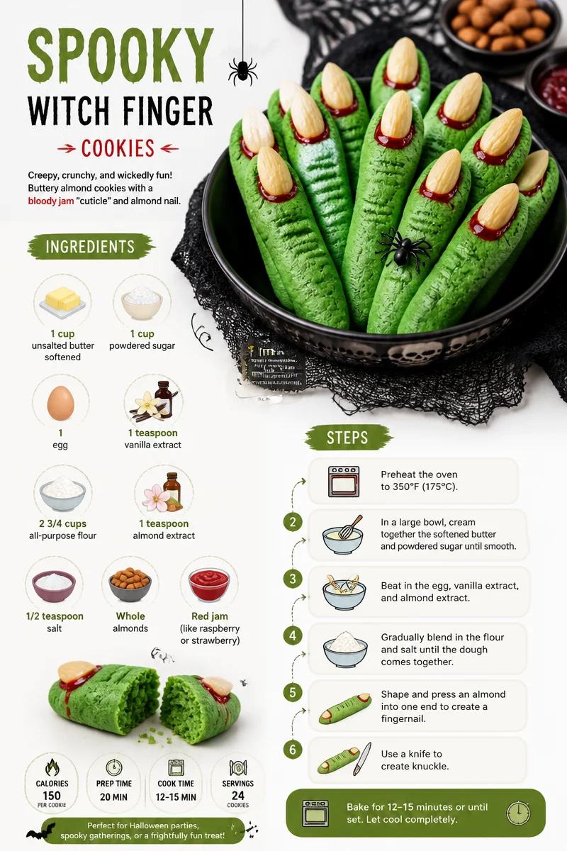 Spooky witch finger cookies shaped like creepy fingers for Halloween treats.