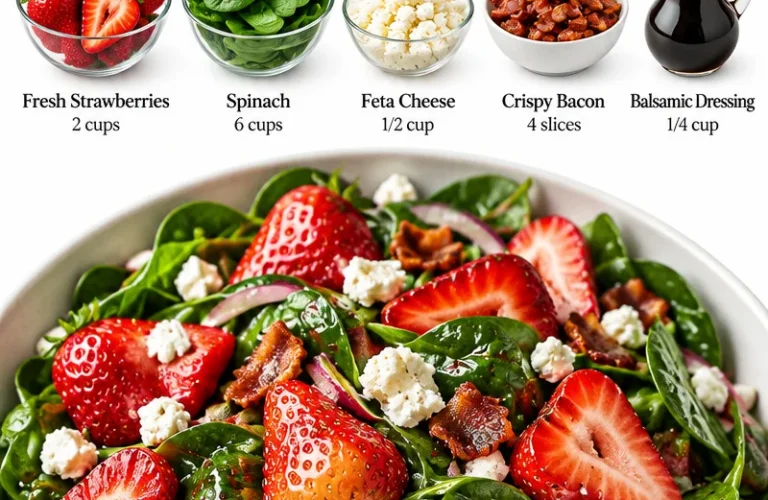 Fresh strawberry spinach salad with vibrant greens and dressing