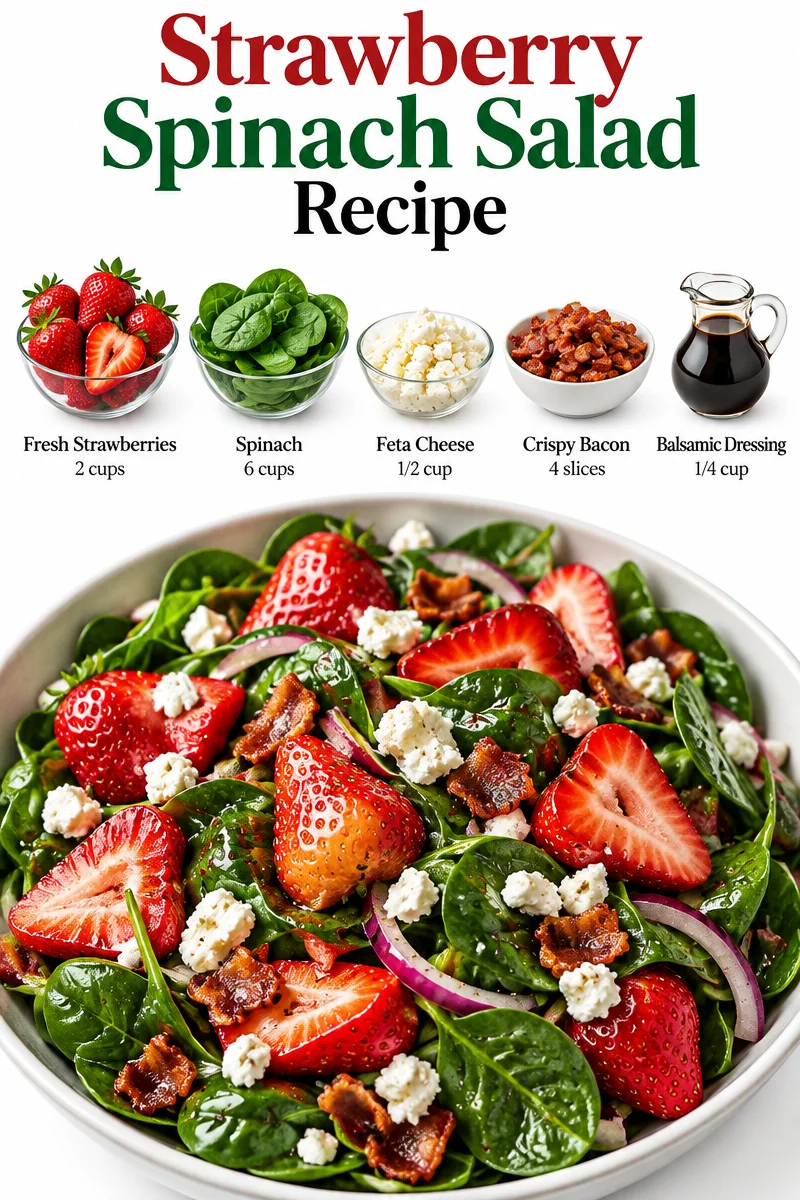 Fresh strawberry spinach salad with vibrant greens and dressing