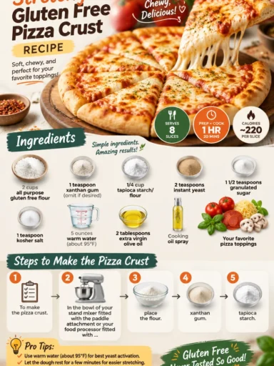 Homemade stretchy gluten free pizza crust on a wooden board with toppings.