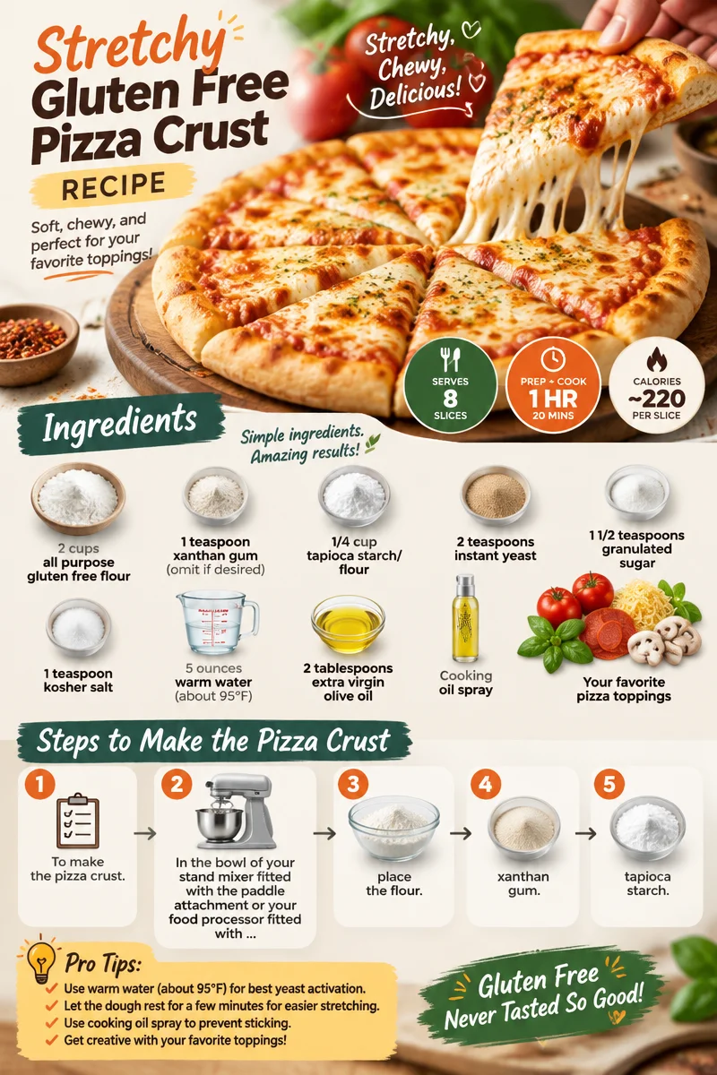 Homemade stretchy gluten free pizza crust on a wooden board with toppings.