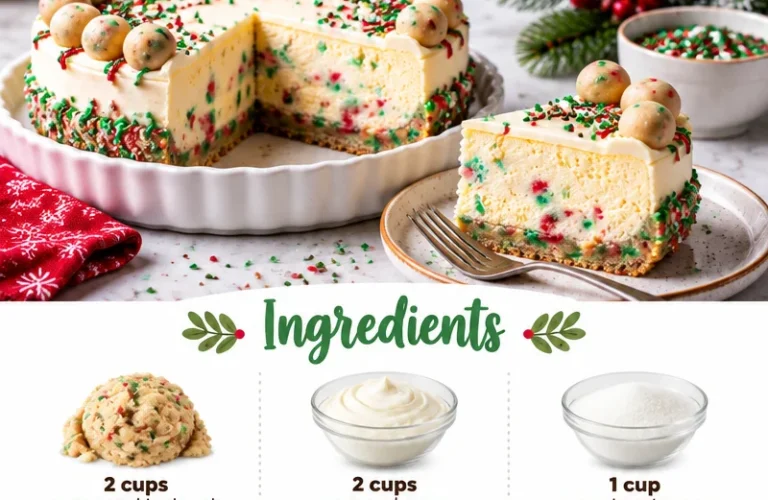 Delicious sugar cookie cheesecake topped with whipped cream and sprinkles